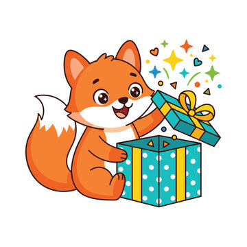 Joyful fox opening present box with colorful sparks on white background.