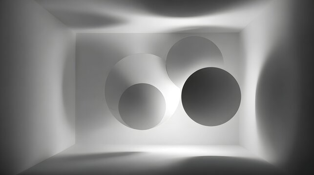 with floating soft shapes casting gentle shadows in a bright clean space