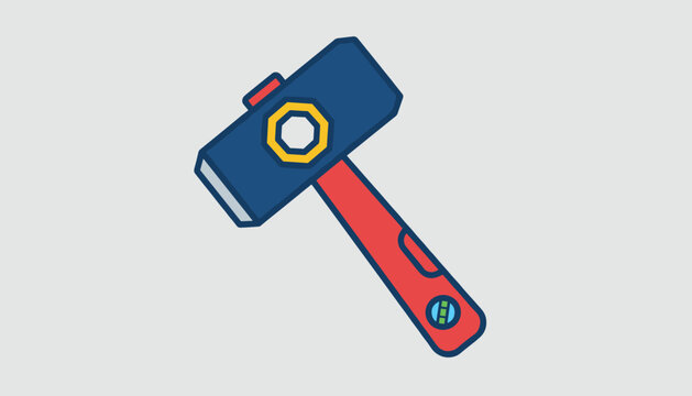 Sledgehammer tool with a blue head and red handle designed with level indicator details on a light grey background.