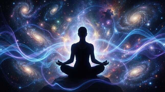 A silhouetted figure sits in a meditative pose, centered against a vibrant, swirling backdrop of galaxies and nebulae. The person is seated 
