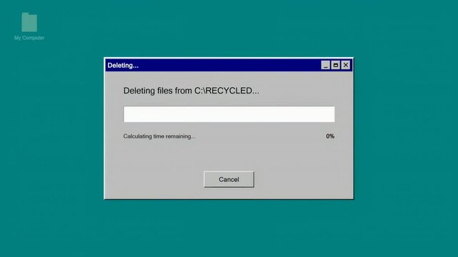 Retro 90s Style Computer Operating System Interface Showing File Deletion Progress Bar on Classic Teal Desktop UI
