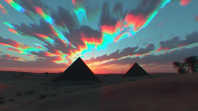 with glowing monoliths and abstract forms under a colorful sunset sky