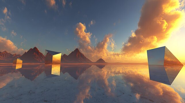 with endless mirror surfaces reflecting a colorful gradient sky and distant geometric shapes