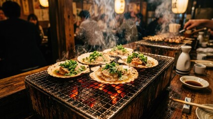 Fototapeta premium A close-up shot captures a bustling izakaya (Japanese pub) interior. Several plates of grilled scallops, glistening with sauce and garnished with greens, 