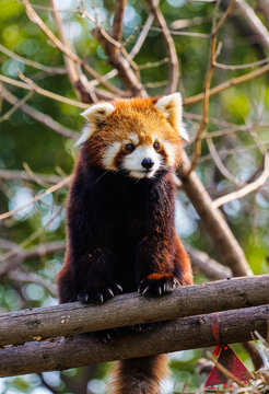 A serious, cute red panda sitting on a log