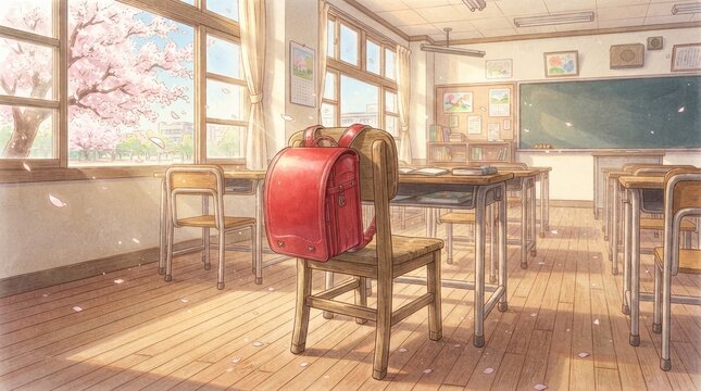 A red school backpack sits on a wooden chair in a Japanese classroom. Sunlight streams through a window overlooking a blooming cherry tree, 