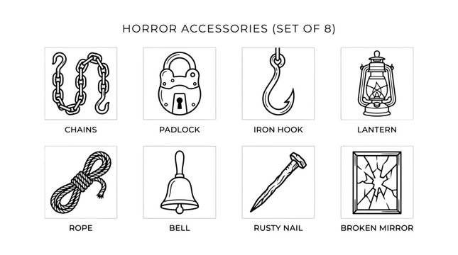 Horror accessories including rusted metal tools and broken glass are presented as a linear set icon.