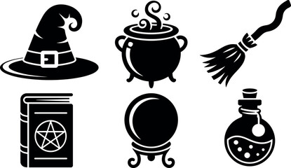 Set of black and white magic witch vector icons and symbols © Vumika