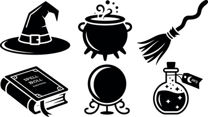 Set of black and white magic witch vector icons and symbols © Vumika