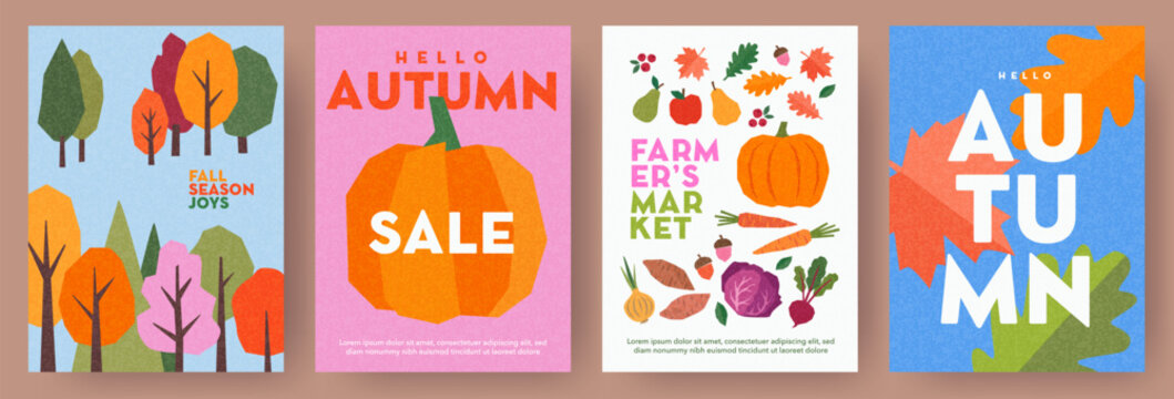 Modern Autumn Poster Collection with illustrations featuring pumpkins, Autumn leaves and harvest vegetables. Ideal for posters, branding, packaging, farmers markets, greeting cards and social media.