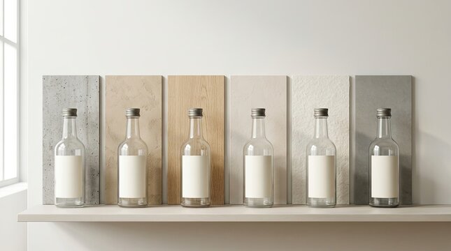 Six glass bottles with white labels are arranged on a shelf against a white wall. Each bottle contains a clear liquid. The bottles are placed next to six rectangular