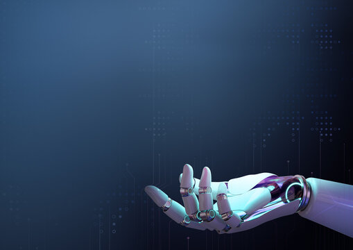Robotic hand reaching out against a digital blue background.