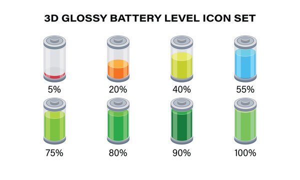3D battery charge icon set from empty to full level, 