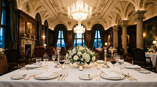 Elegant dining table set with floral centerpiece and crystal chandeliers in a luxurious ballroom setting