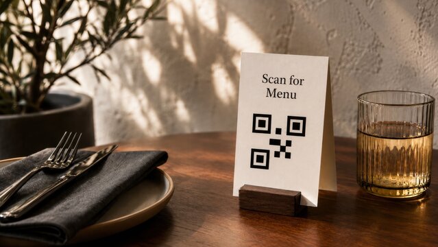 Tabletop QR code menu with cutlery and drink in restaurant