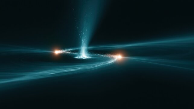 A loop of light moves between two points in a dark area. The core glows with teal and warm accents in a minimalist style.