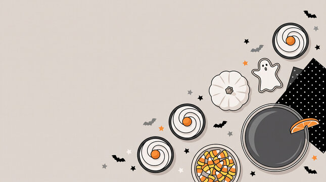Top View Halloween Party Food and Drink Flat Lay with Candy Corn and Copy Space