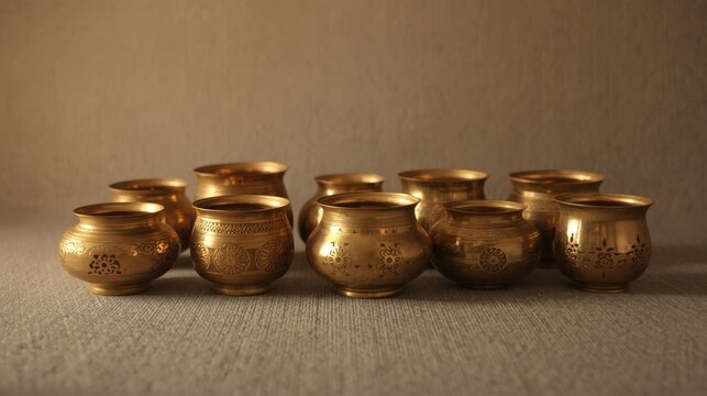 Elegant brass ritual containers with intricate floral engravings displayed in warm lighting