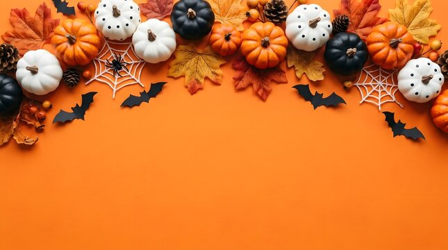 Halloween flat lay with pumpkins, leaves, bats, and spider webs