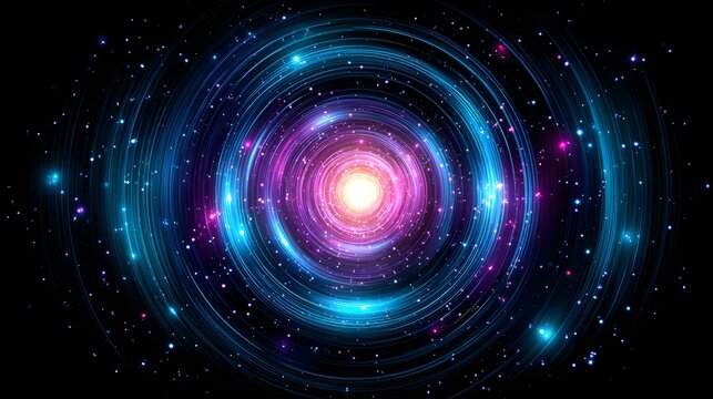 spiral galaxy made of neon light particles rotating in deep space