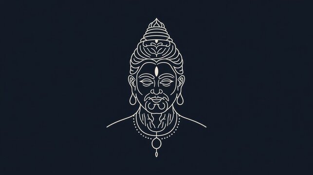 Minimalist line art portrait of serene spiritual figure with ornate headpiece with contemplative