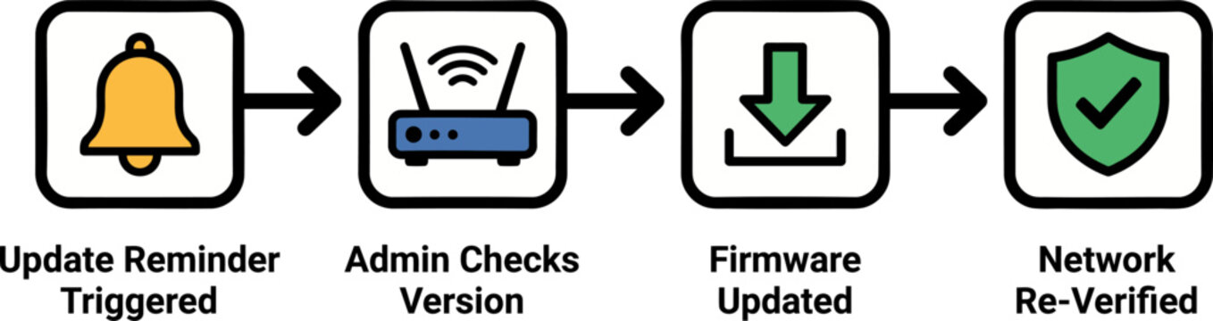 Step-by-step firmware update process diagram showing update reminder and verification.
