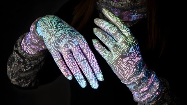 visualized with glowing circuitry integrated into human skin
