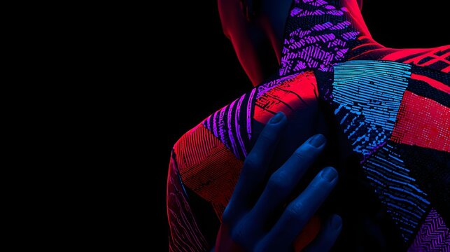 silhouette composed of digital fragments and glowing circuitry patterns