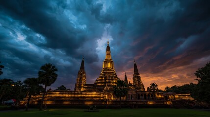 Fototapeta premium Illuminated temple architecture against dramatic twilight storm clouds at dusk with sky deep blue
