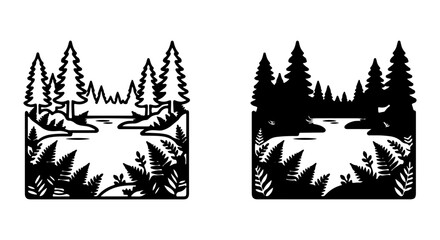 Obraz premium Forest Landscape Vector Icons, Nature Scene Silhouettes, Woodland River Graphics, Outdoor Adventure Elements