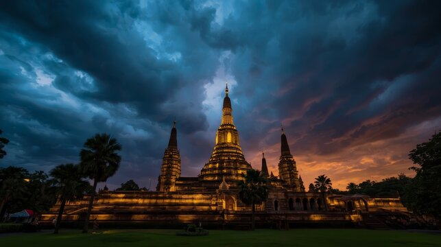 Illuminated temple architecture against dramatic twilight storm clouds at dusk with sky deep blue