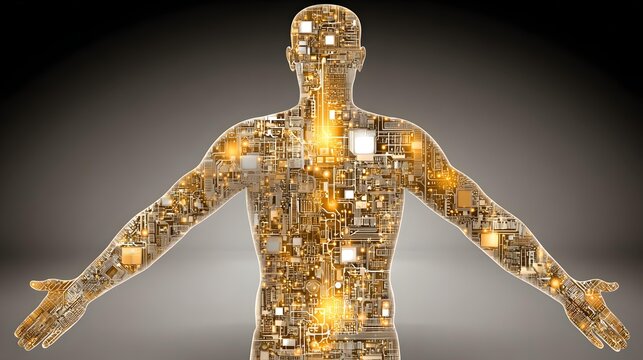 with transparent body revealing glowing circuitry and energy flow inside