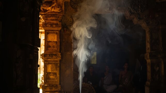 Incense smoke ascending through ornate golden temple interior with warm ambient lighting with ritual
