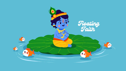 Fototapeta premium Little krishna floating on lotus leaf with fishes, illustration