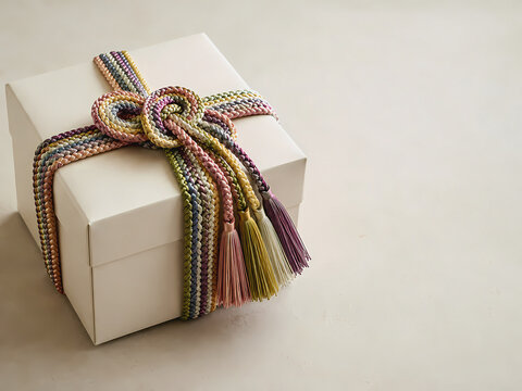 Colorful kumihimo braided silk cord tied around a gift box with tassels, luxury gift wrapping background with copy space