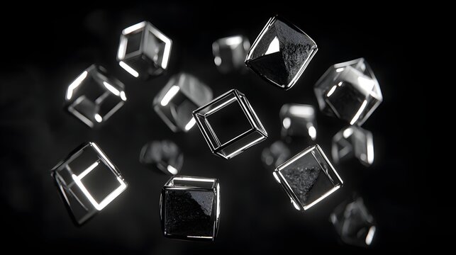 structures floating in a void with luminous edges and shifting geometric patterns