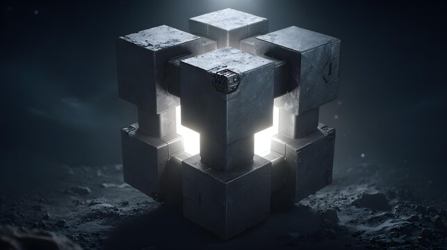 structures floating in a void with luminous edges and shifting geometric patterns