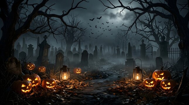 Spooky graveyard scene with glowing jackolanterns and lanterns