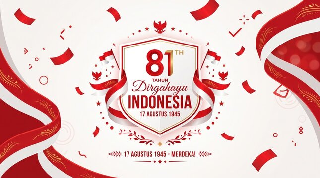 81st Dirgahayu Indonesia banner with red and white ribbon frame decoration