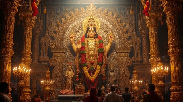 Majestic intricately carved deity statue within ornate golden temple interior lit warmly with sacred