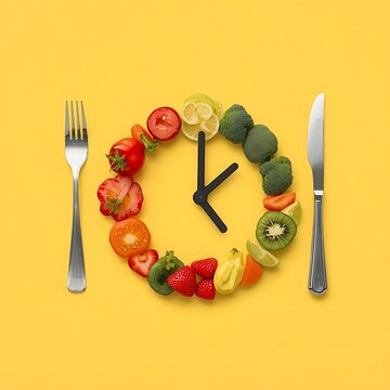 Healthy Food Clock Made with Fresh Fruits and Vegetables Balanced Diet Time Concept