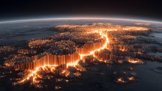 with luminous droplets falling through a dark futuristic environment