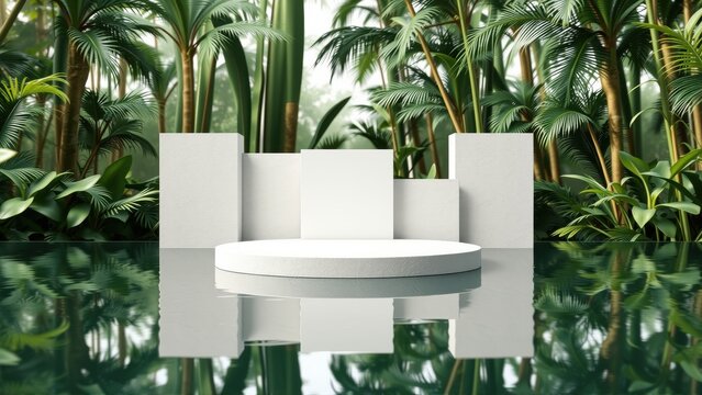 White podiums stand within lush tropical foliage. Reflections mirror scene upon dark water surface. Minimalist presentation stage.