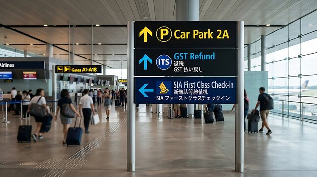 Modern airport terminal directional sign with parking check with first class check areas