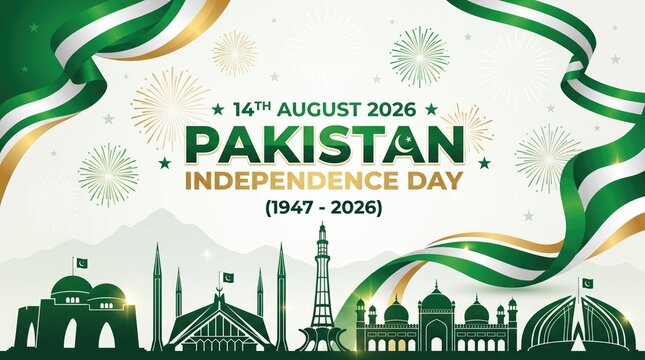14th August 2026 Pakistan Independence Day 1947 to 2026 banner with Islamic landmark skyline