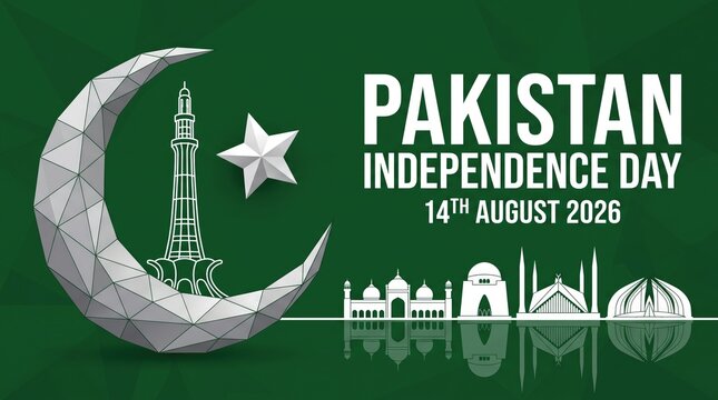 Pakistan Independence Day 14th August 2026 banner with 3D crescent moon and Minar-e-Pakistan