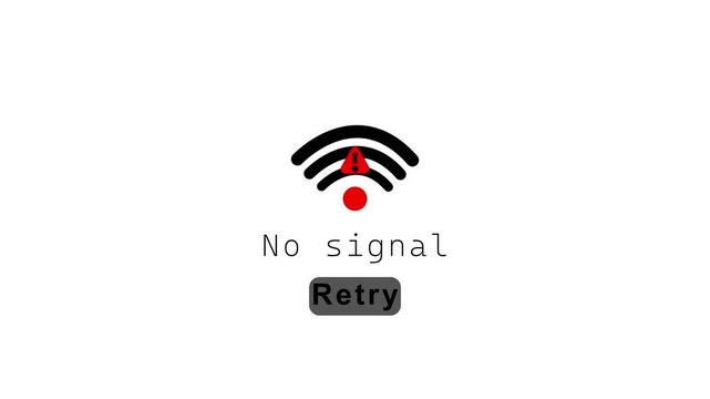 NO signal connection error with retry button animation on white background, no connection offline wifi 4k video animation.