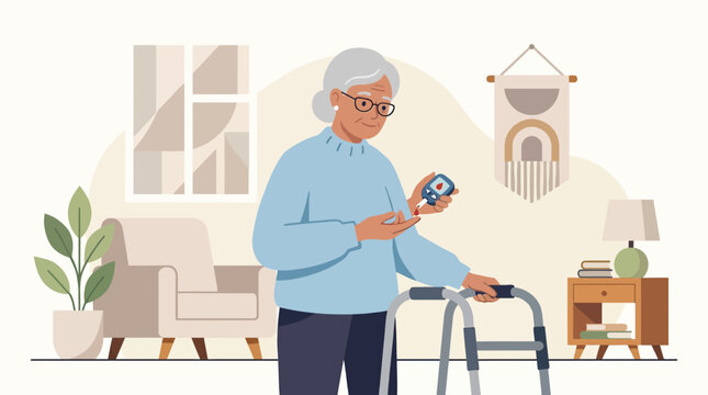 Senior Woman Checking Blood Sugar with Glucometer, Medical Healthcare Concept