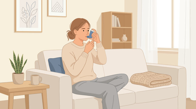 Woman using asthma inhaler on sofa at home, transparent background