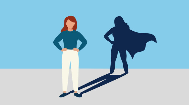 Confident woman's superhero shadow representing inner strength and empowerment
